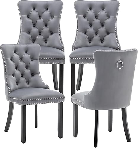 Miniatura 87 de Kiztir Juego de 2 sillas de comedor de terciopelo, sillas de comedor tapizadas con ribete de anillo y respaldo con botón, silla de comedor copetuda