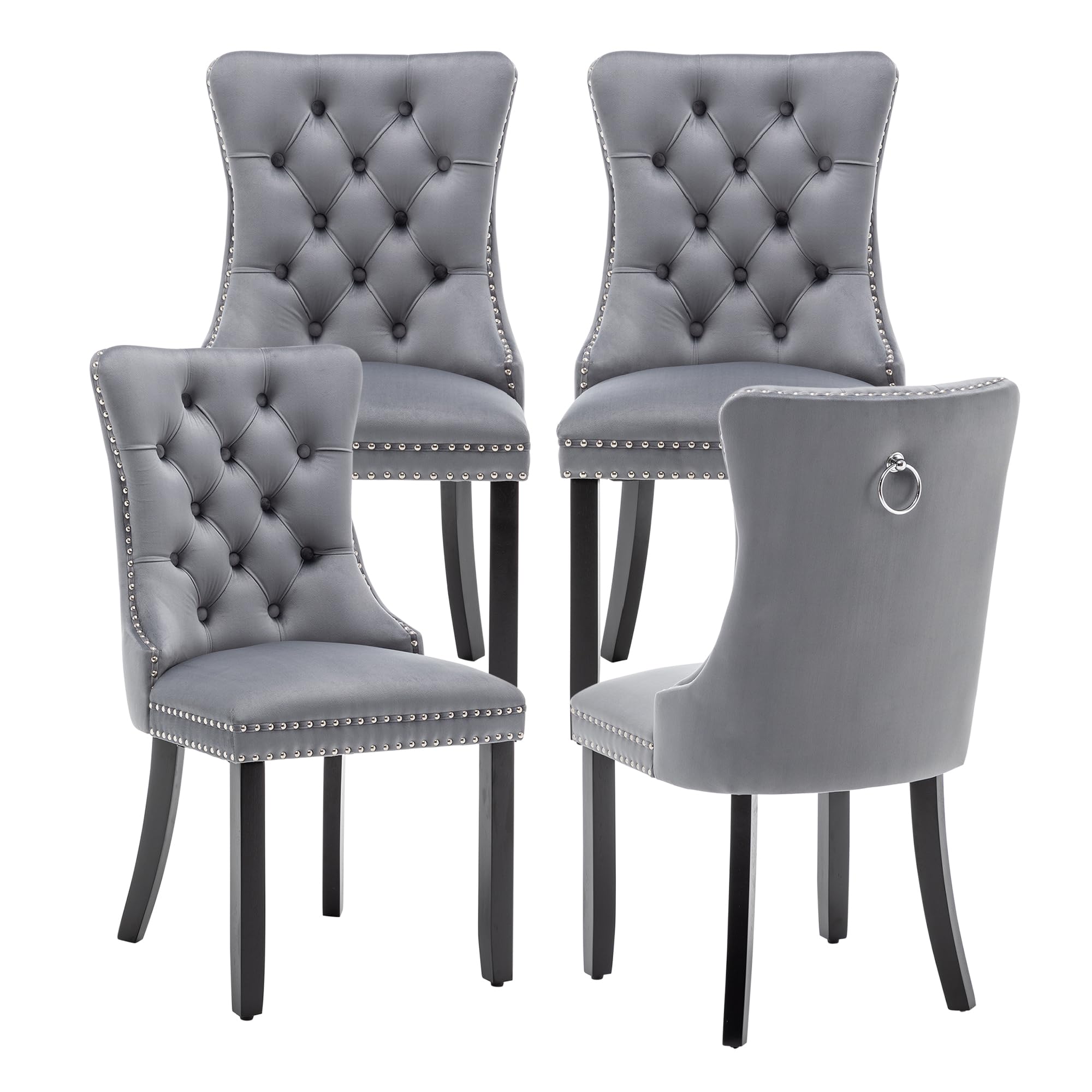 Kiztir Velvet Dining Chairs Set of 4, Upholstered Dining Chairs with Ring Pull Trim and Button Back, Luxury Tufted Dining Chair for Living Room, Bedroom, Kitchen (Gray)