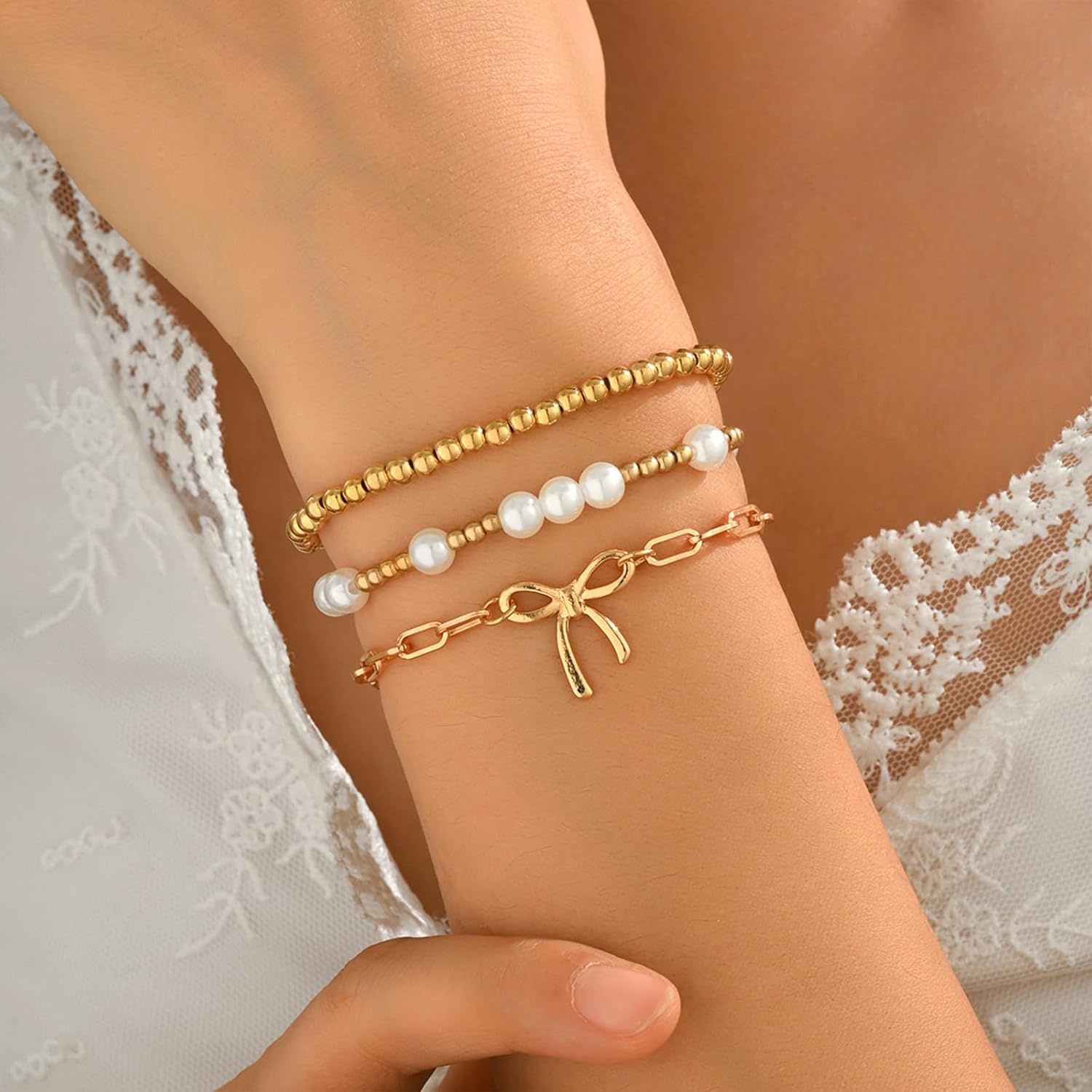 Gold Bracelets for Women Non Tarnish Stackable Bracelets for Women Stretchy Bead Bracelet with Bow Charm Christmas Jewelry Accessories - Image 3