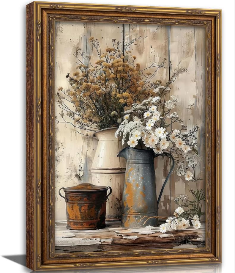 Vintage Framed Dried Wildflower Wall Art, Rustic Farmhouse Floral...