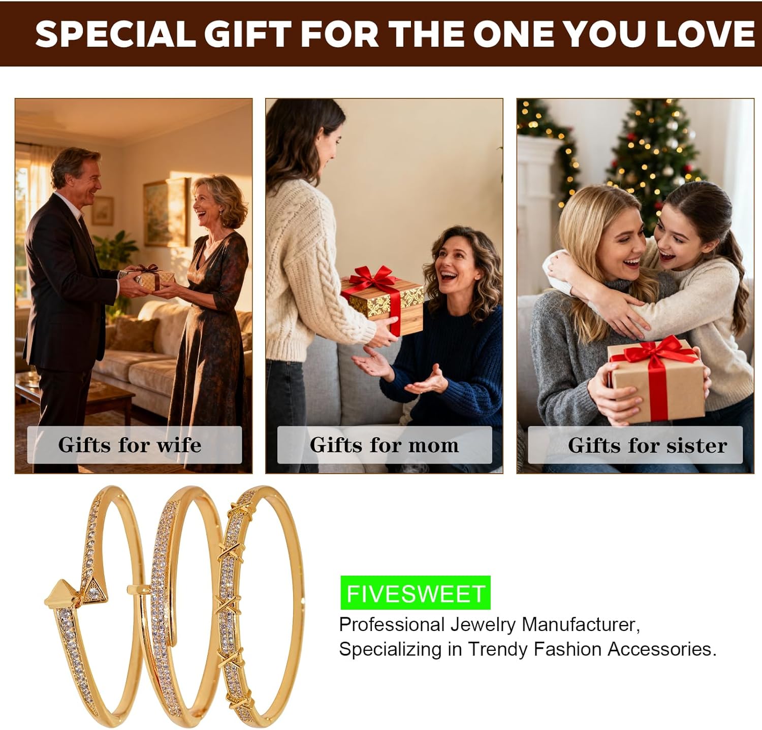 3PCS Gold Bangle Bracelet Set for Women, Rivet & X-Element Design, Copper Inlaid wi... - Image 6