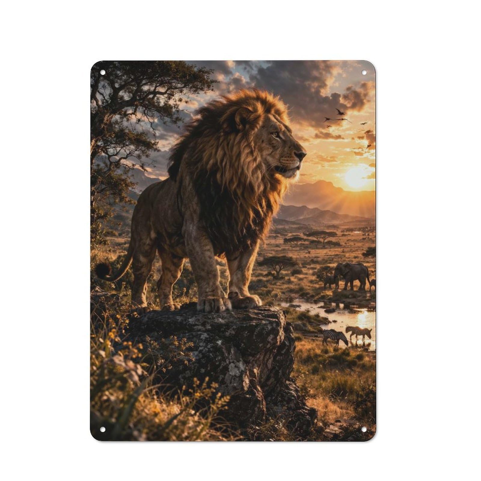 Majestic Lion on Cliff at Sunset Urban Metal Wall Decor 40x30cm, Metal Wall Art Sign for Loft, Studio, Office Or Creative Room