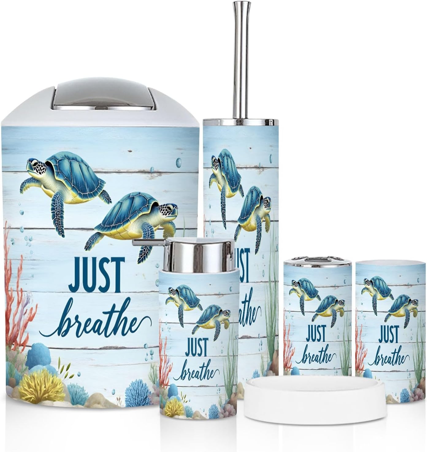 Bathroom Accessory Set 6 Piece Nautical Sea Turtle Ocean Just Breathe Beach Modern Artwork Trash can, Toothbrush Holder, Soap Dispenser, Soap Dish, Toothbrush Cup, Toilet Brush Holder