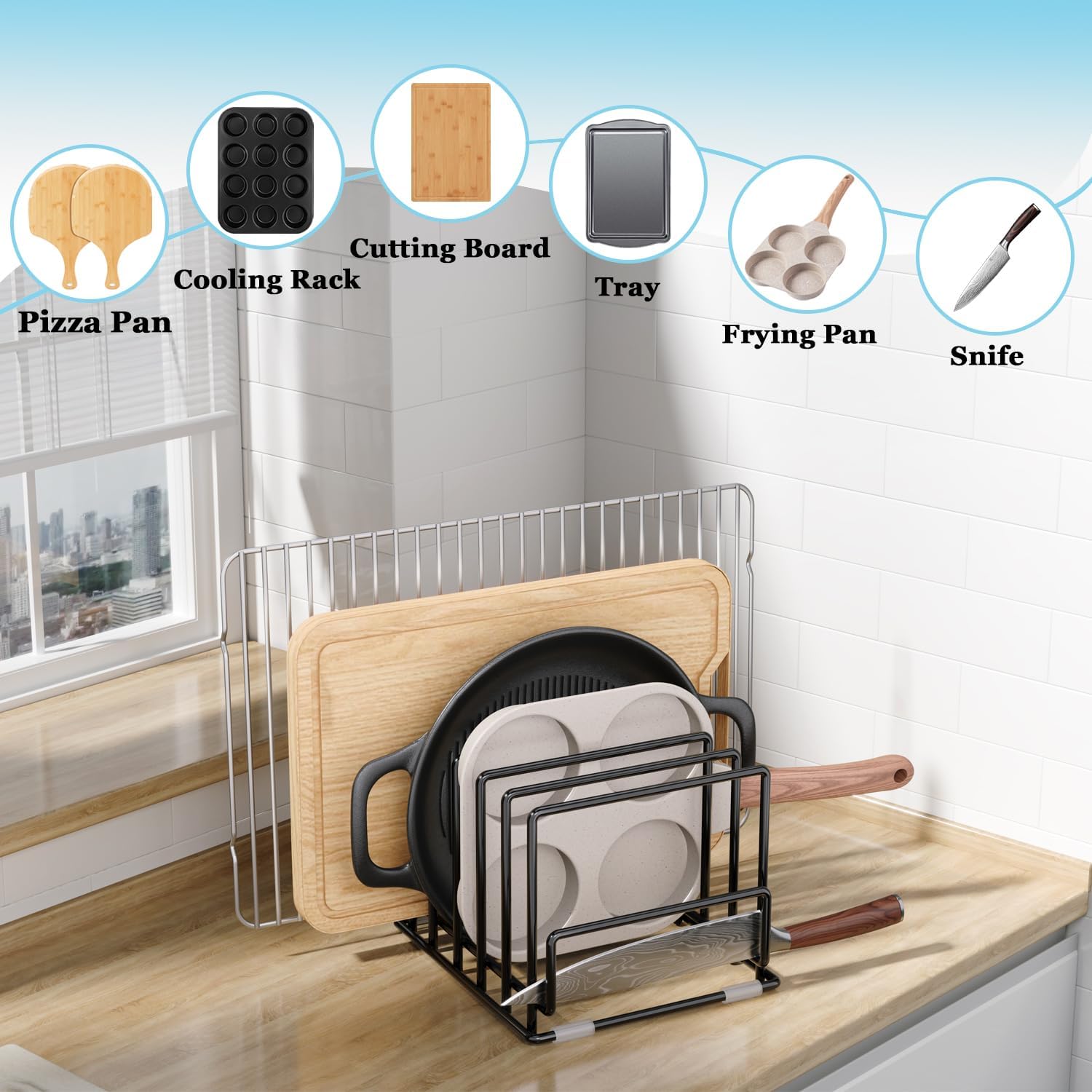 Cutting Board Organizer Rack with 7 Compartments, Heavy-Duty Iron Pan and Baking Sheet Organizer, Kitchen Cabinet Storage Rack with Non-Slip Base, Space-Saving Pot Lid Holder for Countertop & Pantry - Image 8