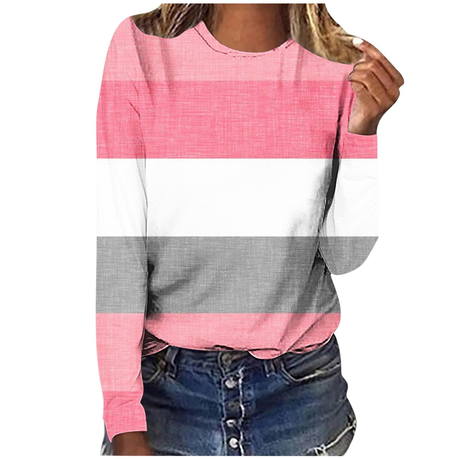 NEBZCIVLong Sleeve Shirts Casual for Women Autumn Winter Crew Neck Pullover Sweatshirt Fitting Color Block Tops