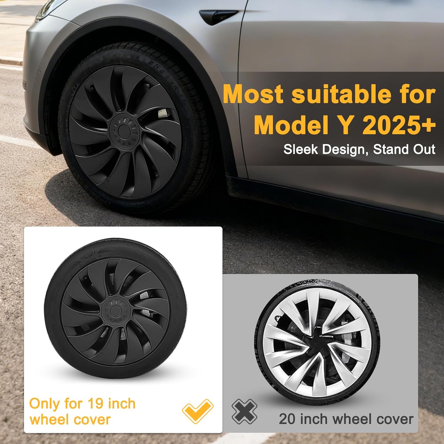 Hubcaps for Tesla Model Y Juniper 2025 2026, 19 Inch Wheel Covers with Center Caps, Cross-Spoke Design Rim Protectors, Easy Clip-On Installation, Model Y Juniper Accessories,Black