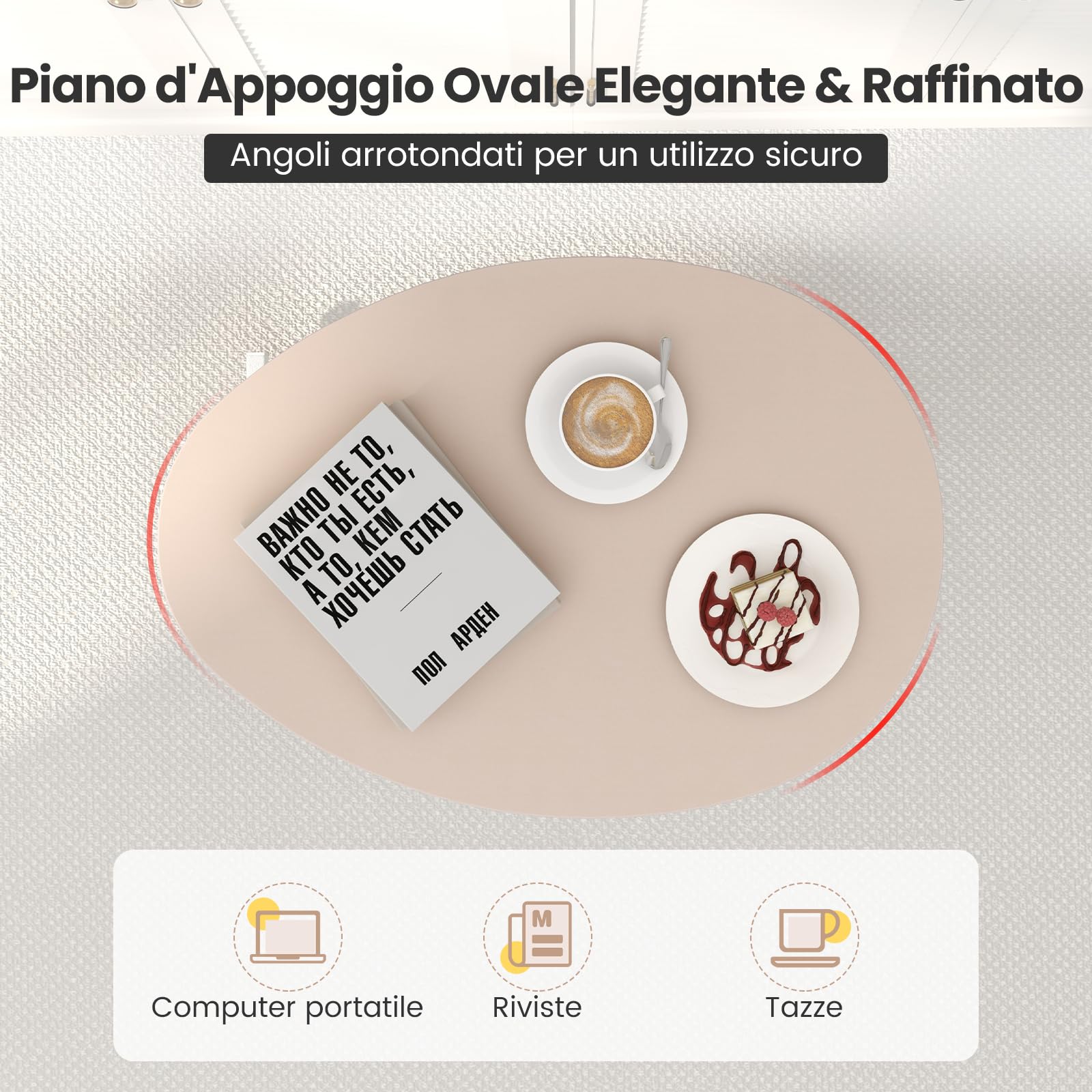 COSTWAY Tavolino da Letto e Divano per PC, Tavolino Regolabile in Altezza con Ruote Bloccabili e Piano Ovale, Tavolo per Mangiare e Lavorare, 76 x 50 x 74-108 cm