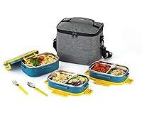 Lille Home 3-Tier Stainless Steel Bento Box - 82oz Leakproof Lunch Box with Bag, Utensils for Work, Gym, Camping (Blue)