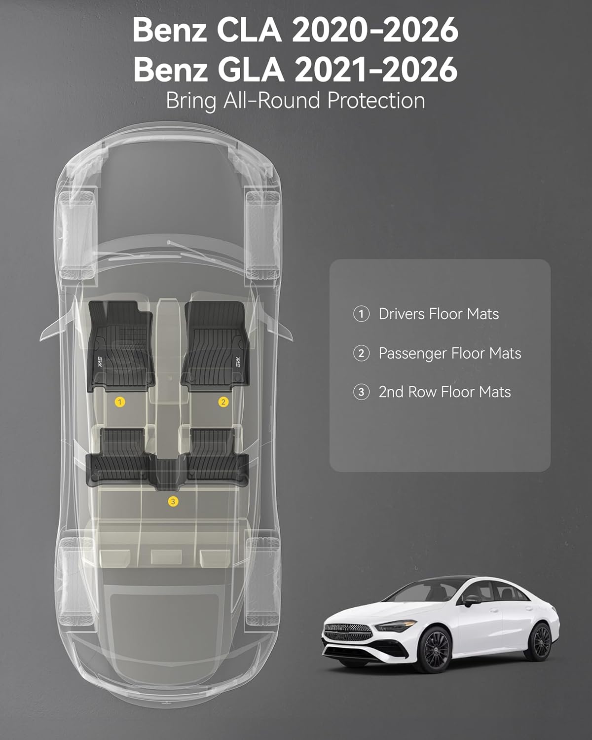 3W Floor Mats for Mercedes Benz CLA 250(2020-2026) / GLA 250(2021-2026), TPE All Weather Custom Fit Floor Liner for Benz CLA GLA, TPE All-Weather Custom Fit Car Liners - Image 2