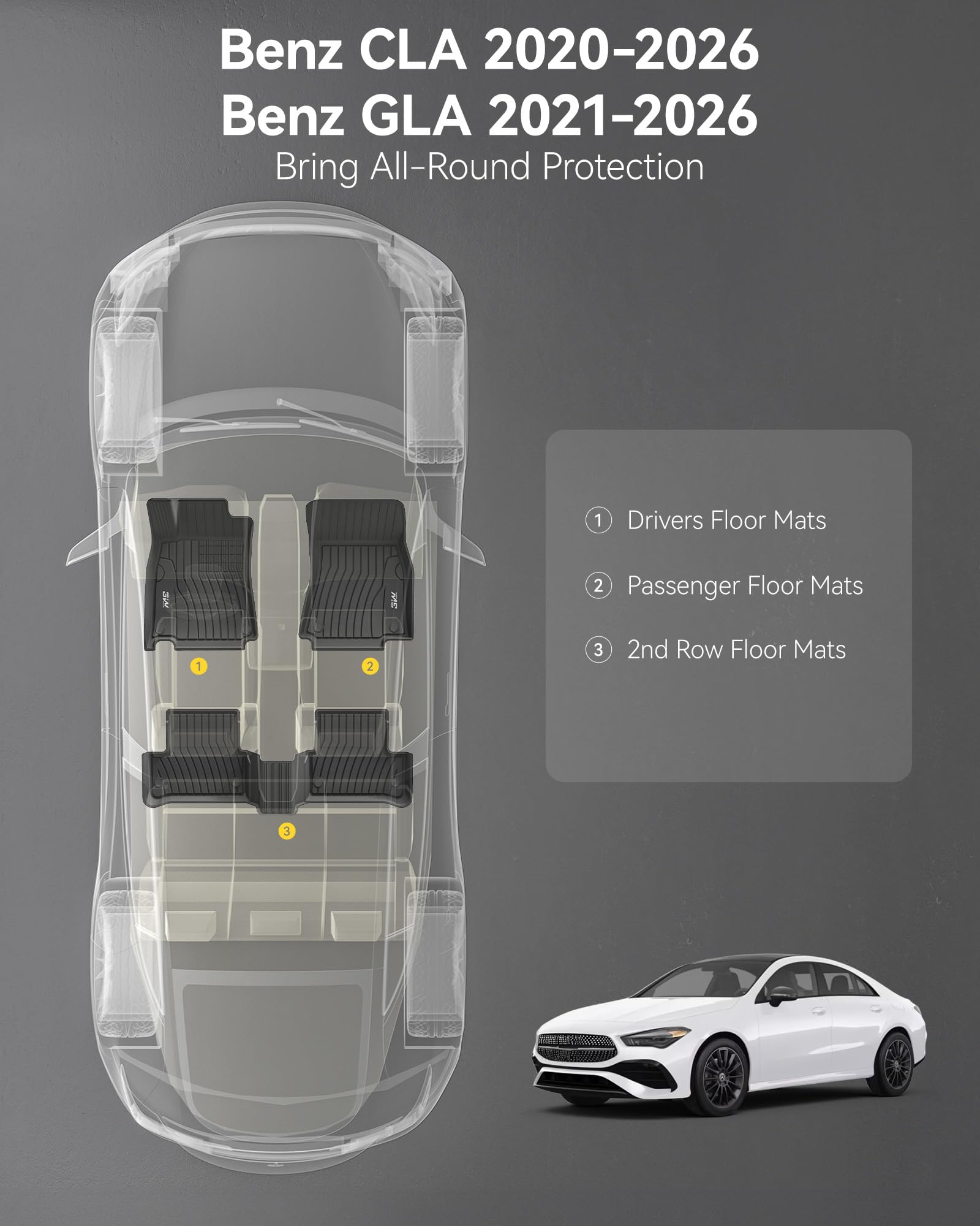 3W Floor Mats for Mercedes Benz CLA 250 2020-2026 GLA 250 2021-2026 TPE All Weather Custom Fit Floor — view 2