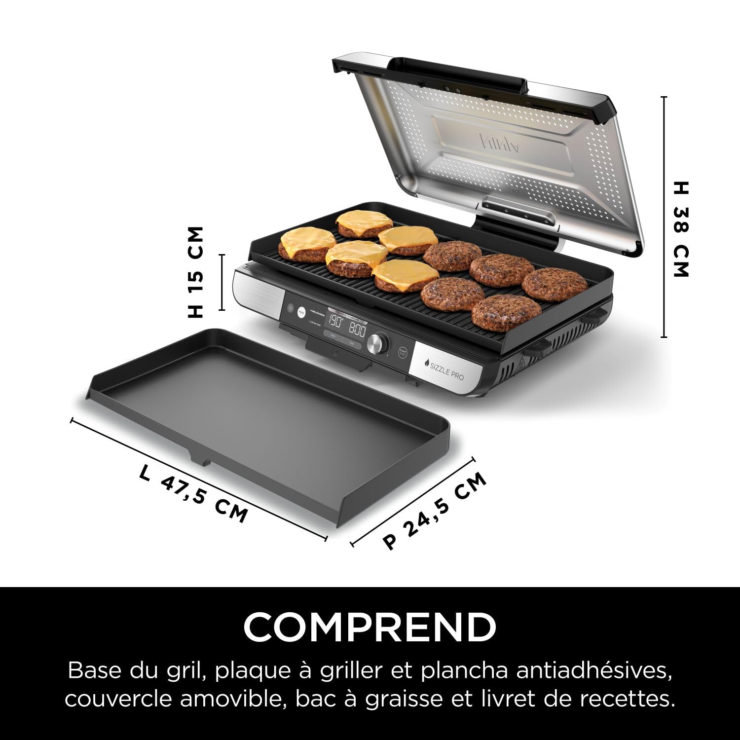 Ninja Sizzle Pro XL Grill Electrique Intérieur & Plancha Electrique Céramique, Grill Multifonction Pour Grillade Maison & Smash Burger, Couvercle, Accessoires, Argent/Noir GX101EU