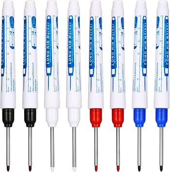 Ptwola 8 Pcs Drill Marker Pen Long Nib Markers Long Head Deep Hole Marker 30mm Reach Waterproof Fine Point Tip Markers Colorful Ink Carpenter Marking Tool for Construction Bathroom Woodworking