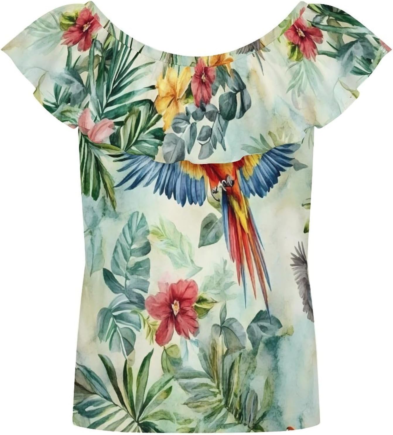 Vintage Jungle Animals Parrots Birds Girls T-Shirts Top Ruffle Short Sleeve Blouse Casual Graphic Tees