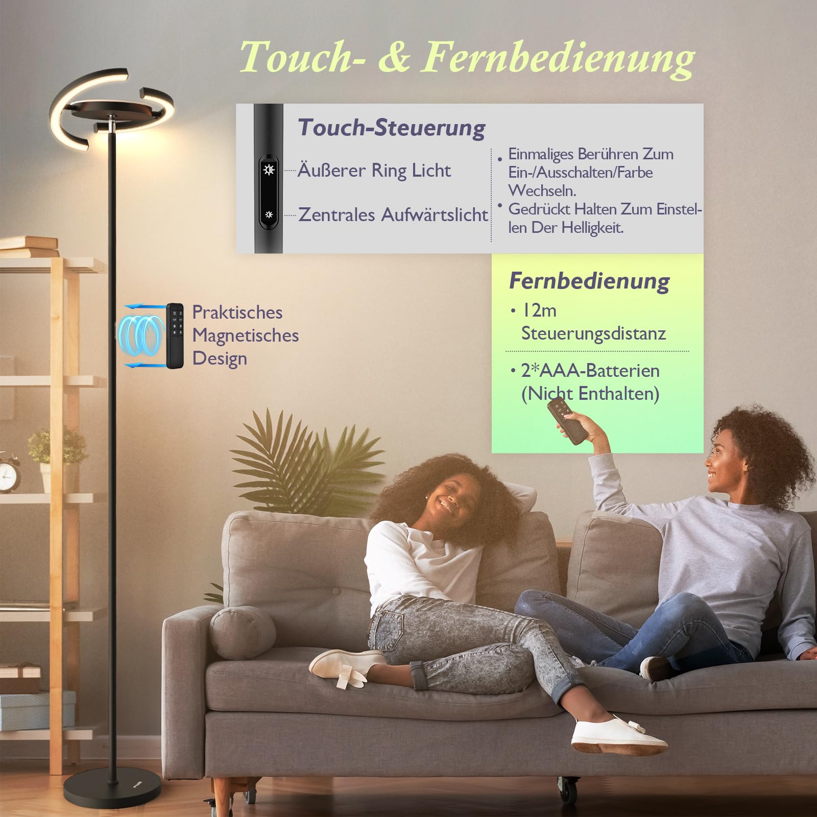 FIMEI Stehlampe, Stufenlos dimmbar & 3000K - 6000K Farbtemperaturen, Fernbedienung/Touch Unabhängige Steuerung, Augenschonend, Uplighter Stehlampe für Wohnzimmer