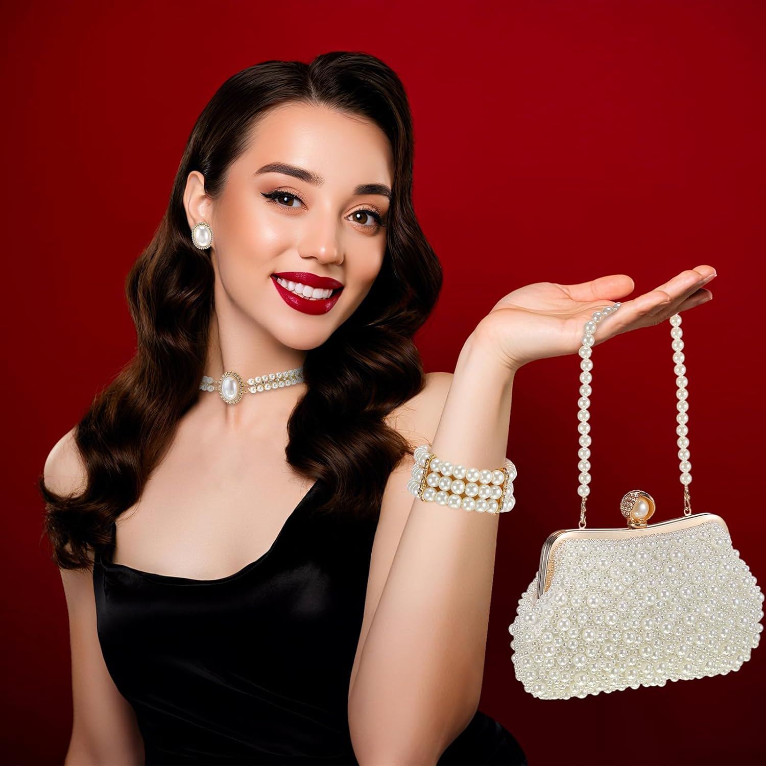 Tondiamo 4 Pcs 1920s Women Pearl Clutch Bag Pearl Necklace Earring Bracelet Set Evening Tea Party Accessory Jewelry Gift for Wedding Bridal Halloween - Image 7