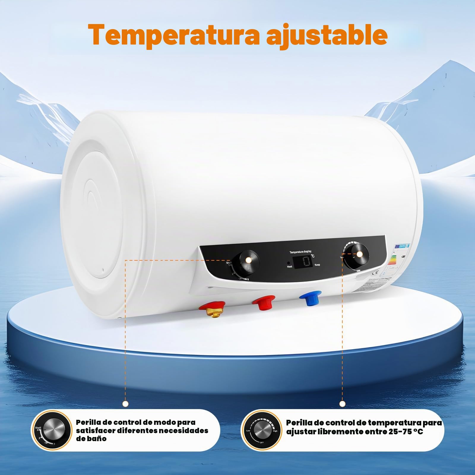 Calentador de agua eléctrico de 50L, calentador de agua, calentador de agua horizontal, baño, cocina, con alcachofa de ducha, manguera
