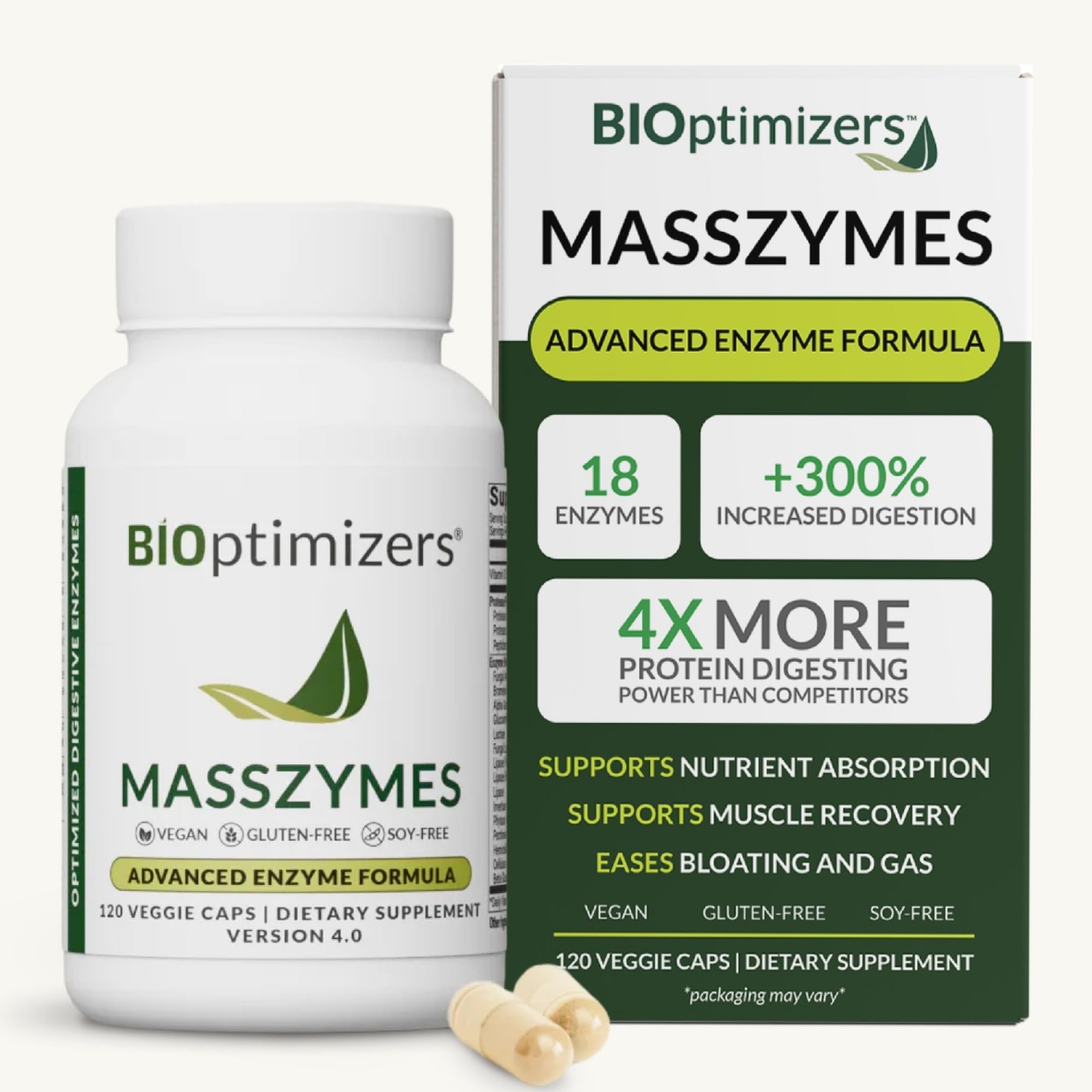 BIOptimizers MassZymes - Complete Digestive Enzymes Supplement for Gut Health - Bloating Relief for Men and Women - Lipase Amylase Bromelain Digestive Enzymes (120 Capsules)