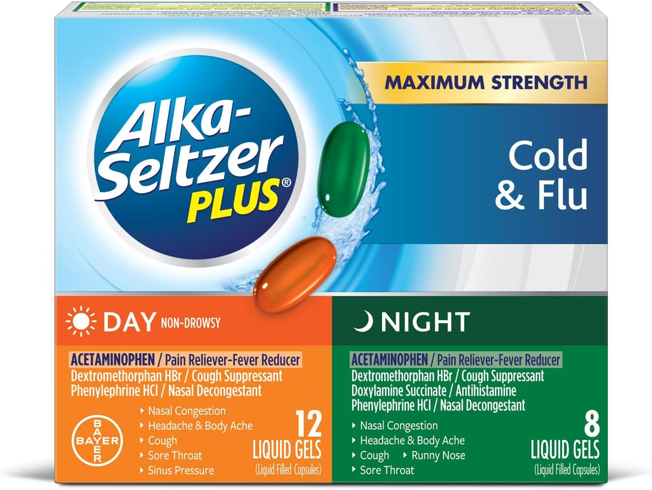 ALKA-SELTZER PLUS Severe Day + Night Cold Powerfast Fizz Effervescent Tablets Twinpack 2x20ct, White, 40 Count