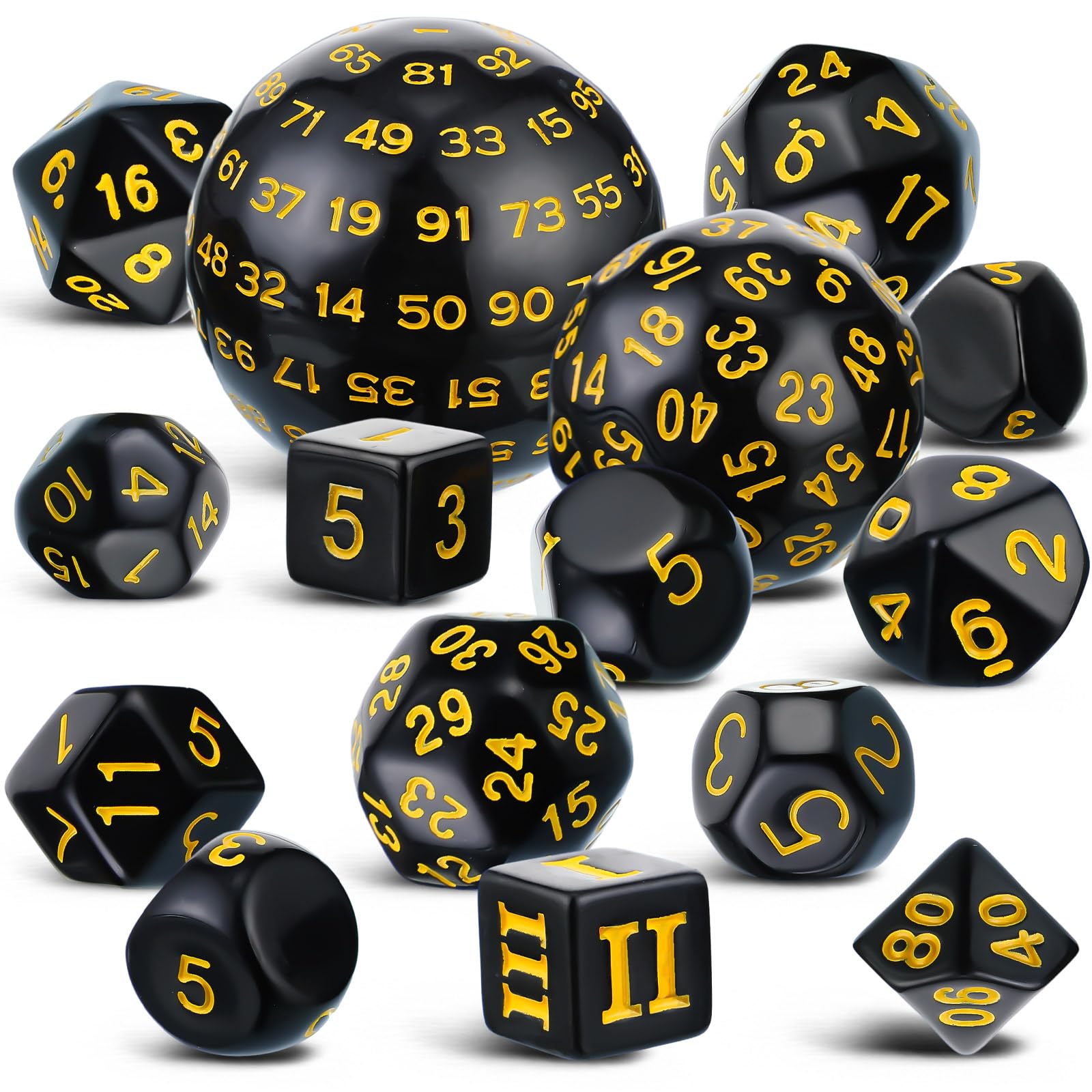 Civaner 15 Pcs Complete Polyhedral Dice Set D3-D100 Spherical RPG Dice Set in Opaque Black, 100 Sides for Role Playing Table Games Party Supplies(