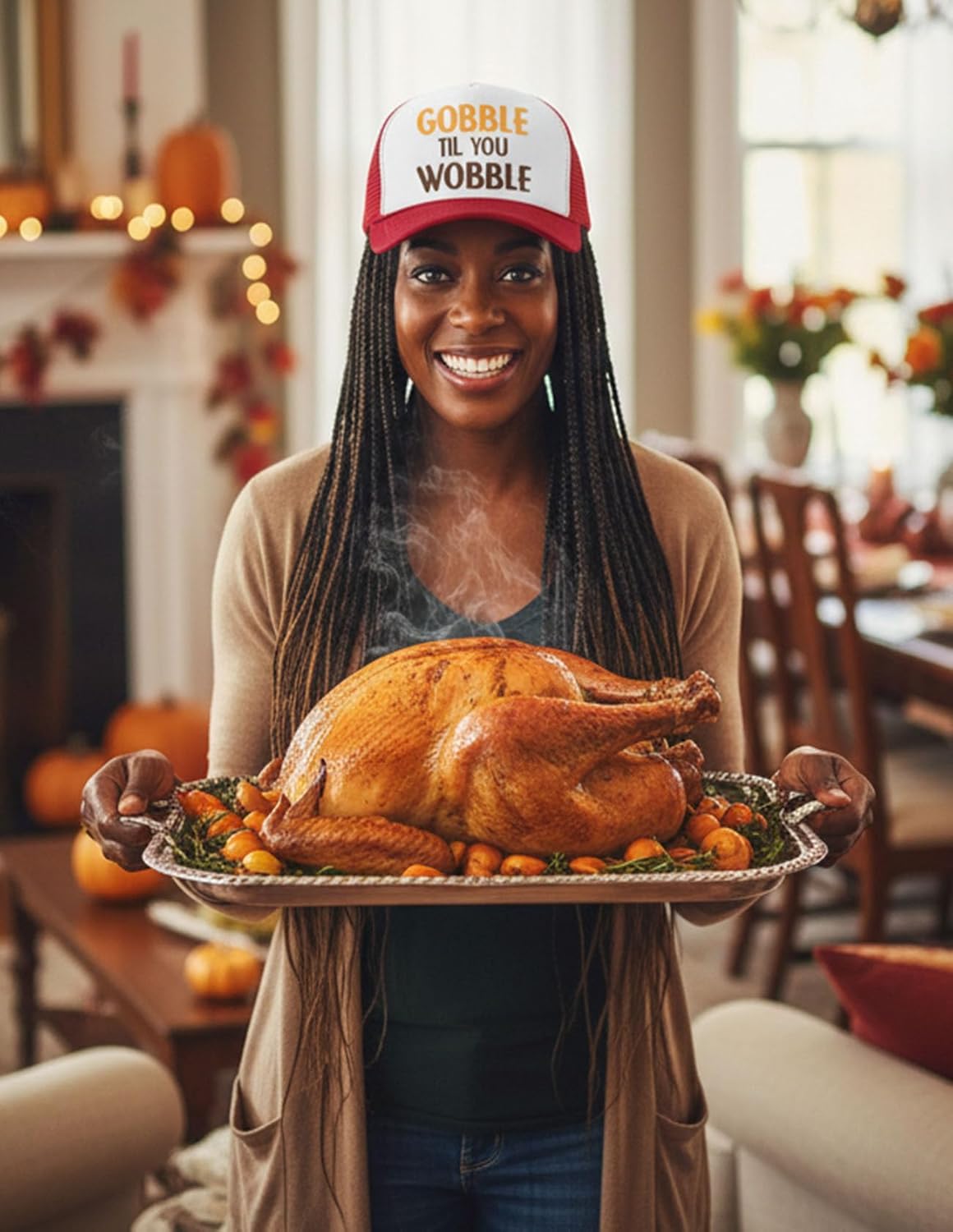 Tstars Gobble Til You Wobble Turkey Hat - Funny Thanksgiving Cap for Men & Women, Adjustable Mesh Baseball Style - Image 4