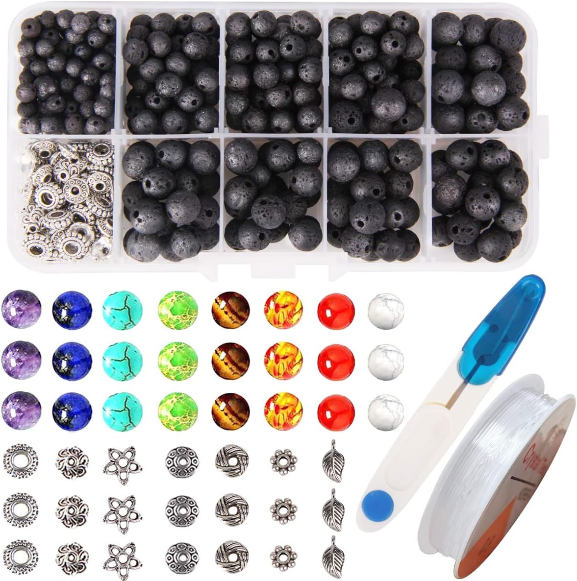 530pcs Lava Beads Stone Rock with Chakra Beads Round Black Lava Volcanic Stone Loose Beads Natural Stone Beads for Essential Oil Jewelry Making