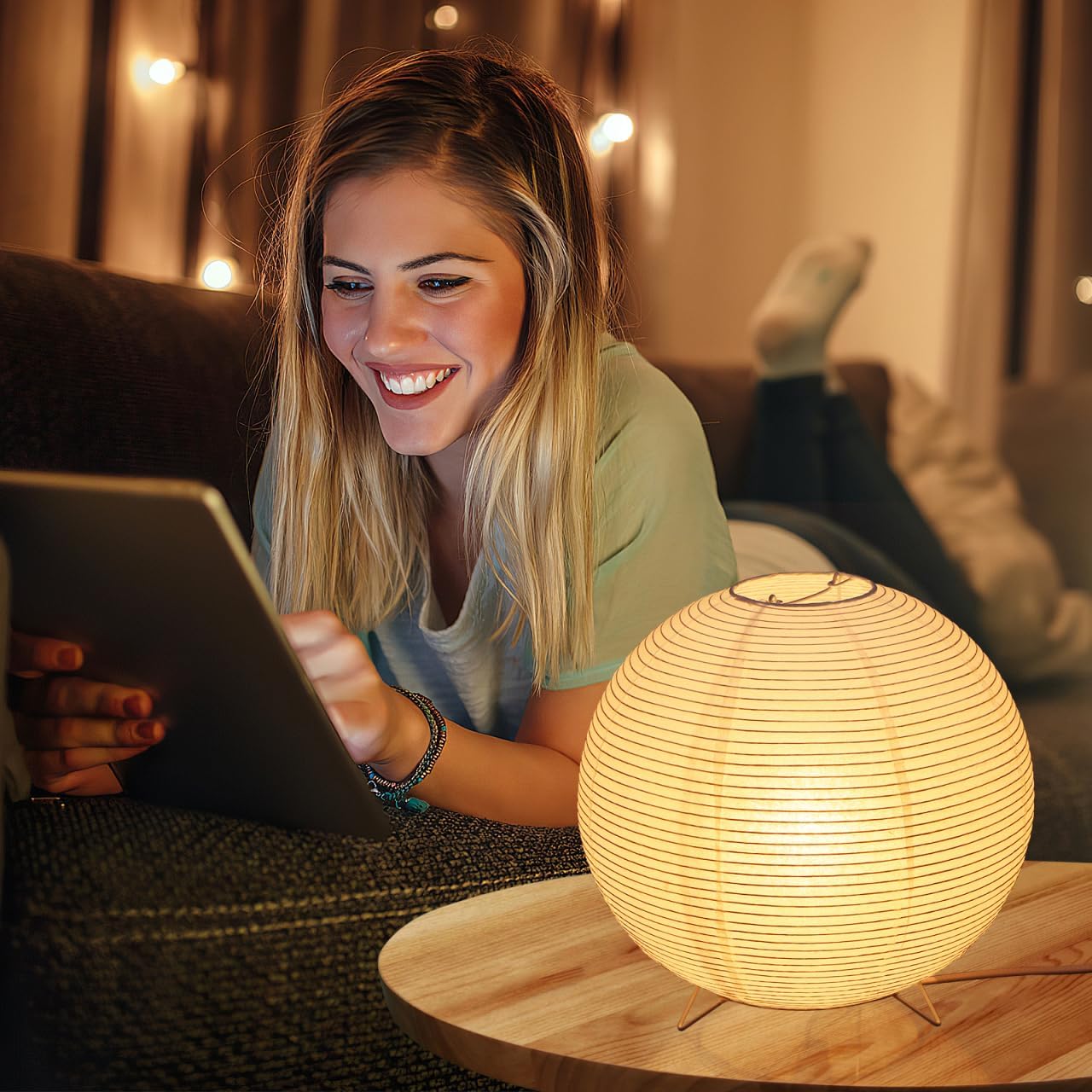 Lurrose Rice Paper Lamp Desk Floor Lantern Nightstand Bedside Smalll Lamps for Bedroom Living Room Office Classroom Dorm (Ball, 9.8"x9.8"Inch)