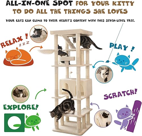 Miniatura 3 de MWPO Árbol grande para gatos de 74.8 pulgadas con postes rascadores cubiertos de sisal y condominio, torre alta para gatos, muebles de