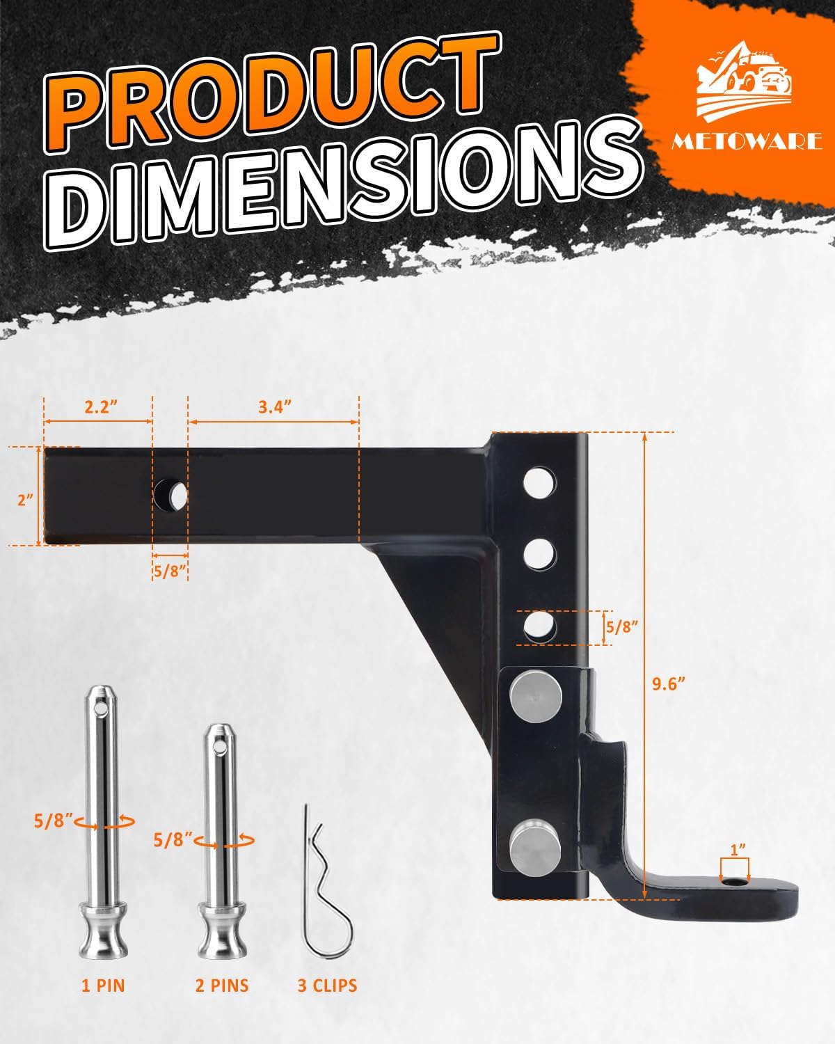 METOWARE Adjustable Trailer Hitch Ball Mount, 9-1/2" Drop and 8-1/4" Rise, Fits 2-Inch Receiver, with 1" Hitch Ball Hole, 6-Position Heavy Duty Tow Hitch with Pins