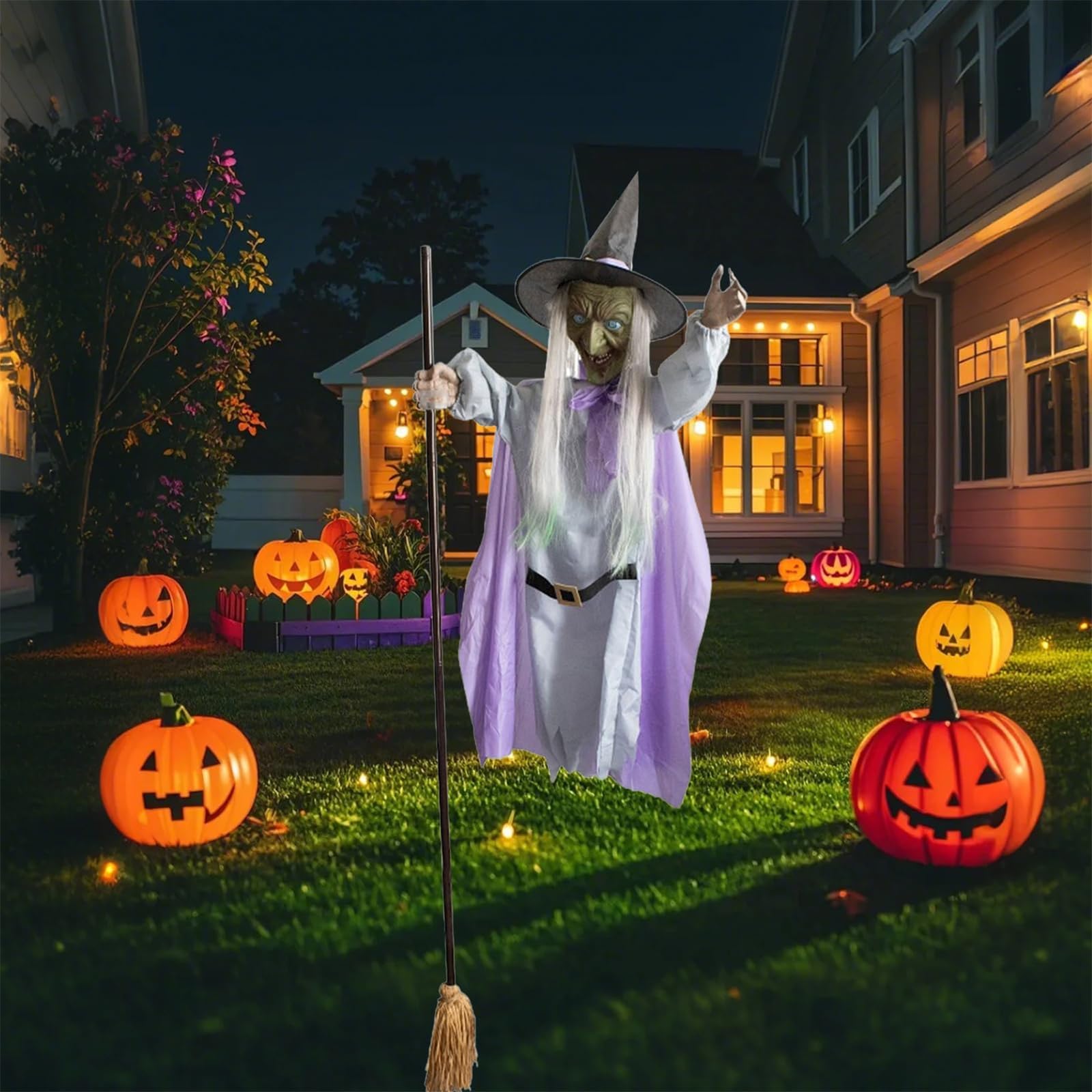 Słynna latająca czarownica na Halloween, 3,7 m, latająca czarownica, dekoracja na Halloween, dekoracje na zewnątrz, unosząca się wiedźma z dźwiękiem i aktywacją, do zbierania aktywności, ogrodu
