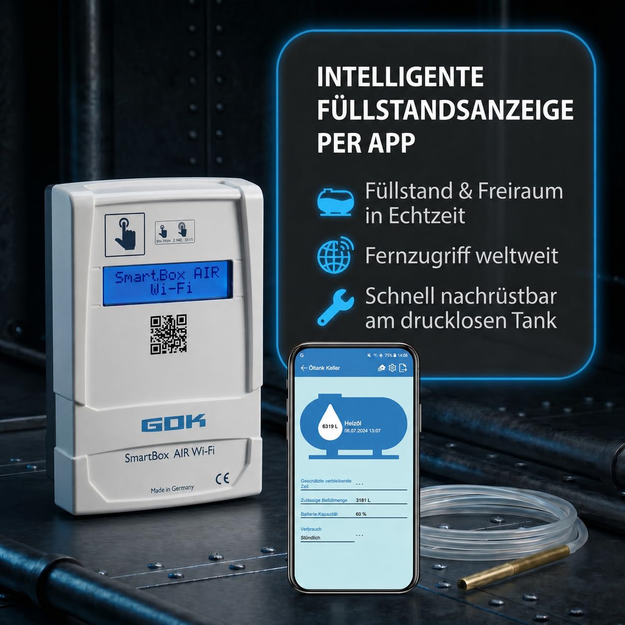 GOK SmartBox AIR Wi-Fi, Füllstandsanzeige für Heizöltank mit App, akkubetriebener Inhaltsfernanzeiger für drucklose Tanks, WLAN-Übertragung, pneumatische Messung, Anzeige der Freiraummenge, USB-C