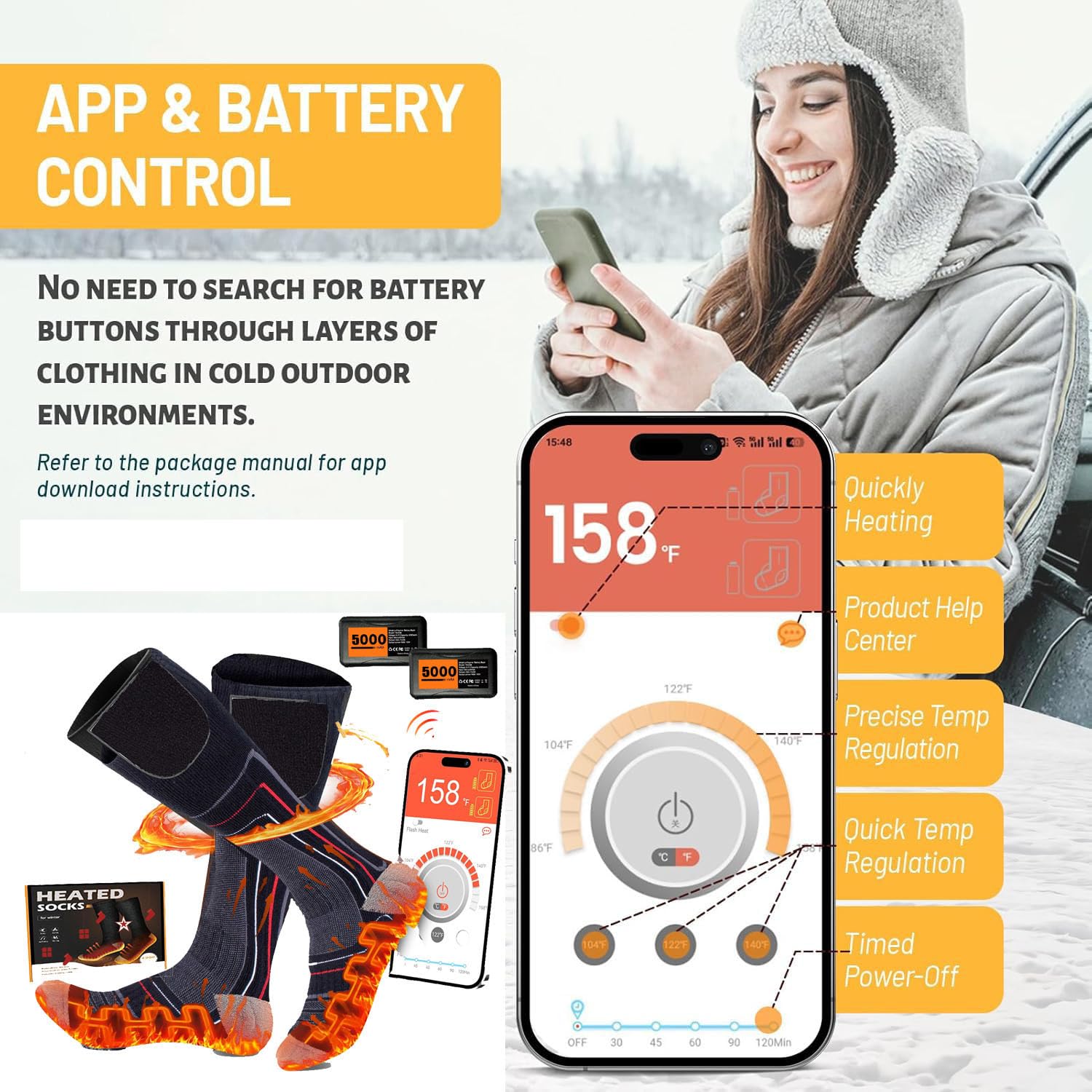 5000mAh wiederaufladbare beheizte Socken für Männer Frauen, APP gesteuerte Ski Socken, maschinenwaschbare Thermal Socken für Skifahren, Jagd, Angeln, Reiten