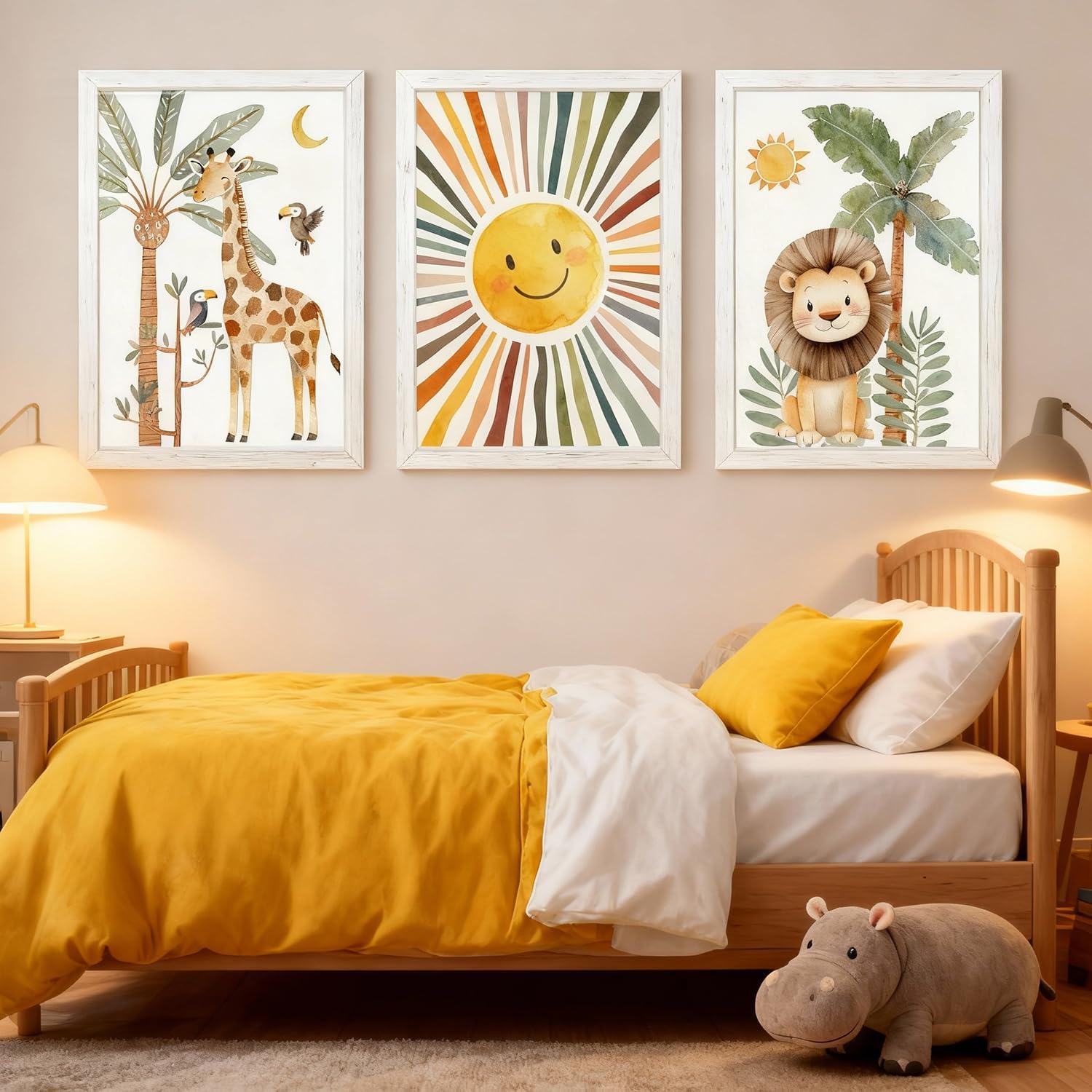 Cute Sun Lion Giraffe Quote Framed Wall Art Set of 4, 11x16 Boho Educational Animal Wall Sign for Baby Girl Kid Boy Toddlers, Wooden Inspirational Nursery Wall Decor Whie