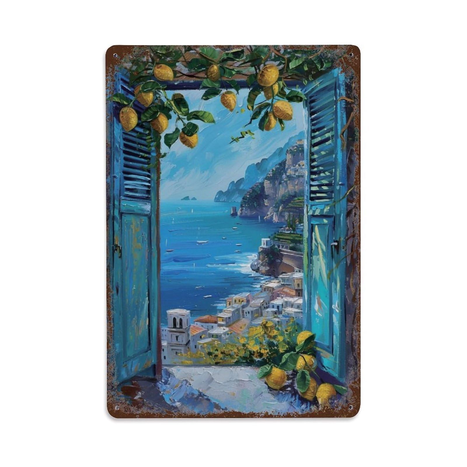 Amalfi Coast Lemon Sea View Window Vintage Metal Vertical Sign Vintage Aluminium Metal Sign, Retro Wall Decor for Home, Bar, Garage & Farmhouse 30x20cm