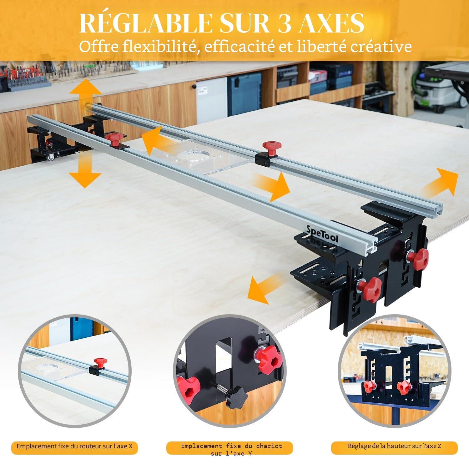 SpeTool Guide Défonceuse à Bois Rail pour Routeur Rail de Guidage pour Routeur Rail de Défonceuse 3 Axes Réglables Router Sled pour l'Aplanissement de Grandes Surfaces Irrégulières