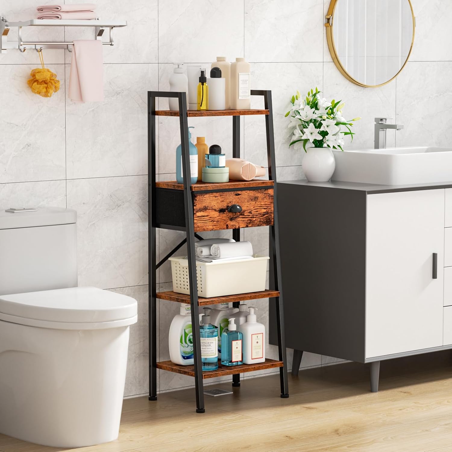 Furologee 4 Tier Ladder Shelf, Narrow Ladder Book Shelf with Drawer, Modern Bookcase Freestanding Shelf Units, Storage Shelves Organizer for Bedroom, Living Room, Bathroom, Home Office, Rustic Brown