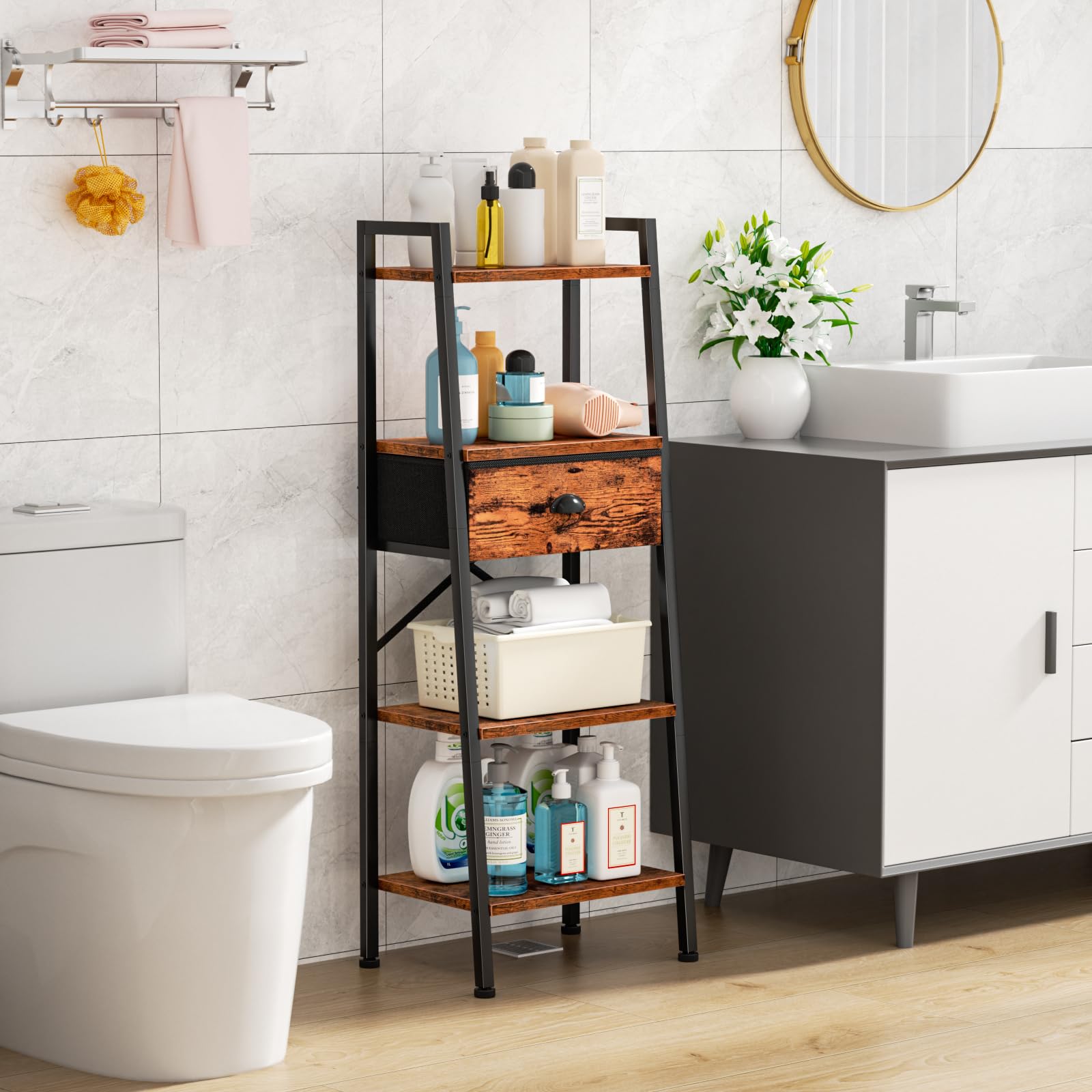 Narrow Bathroom Storage Ladder Decorative Wooden 4 Tier Chalkboard