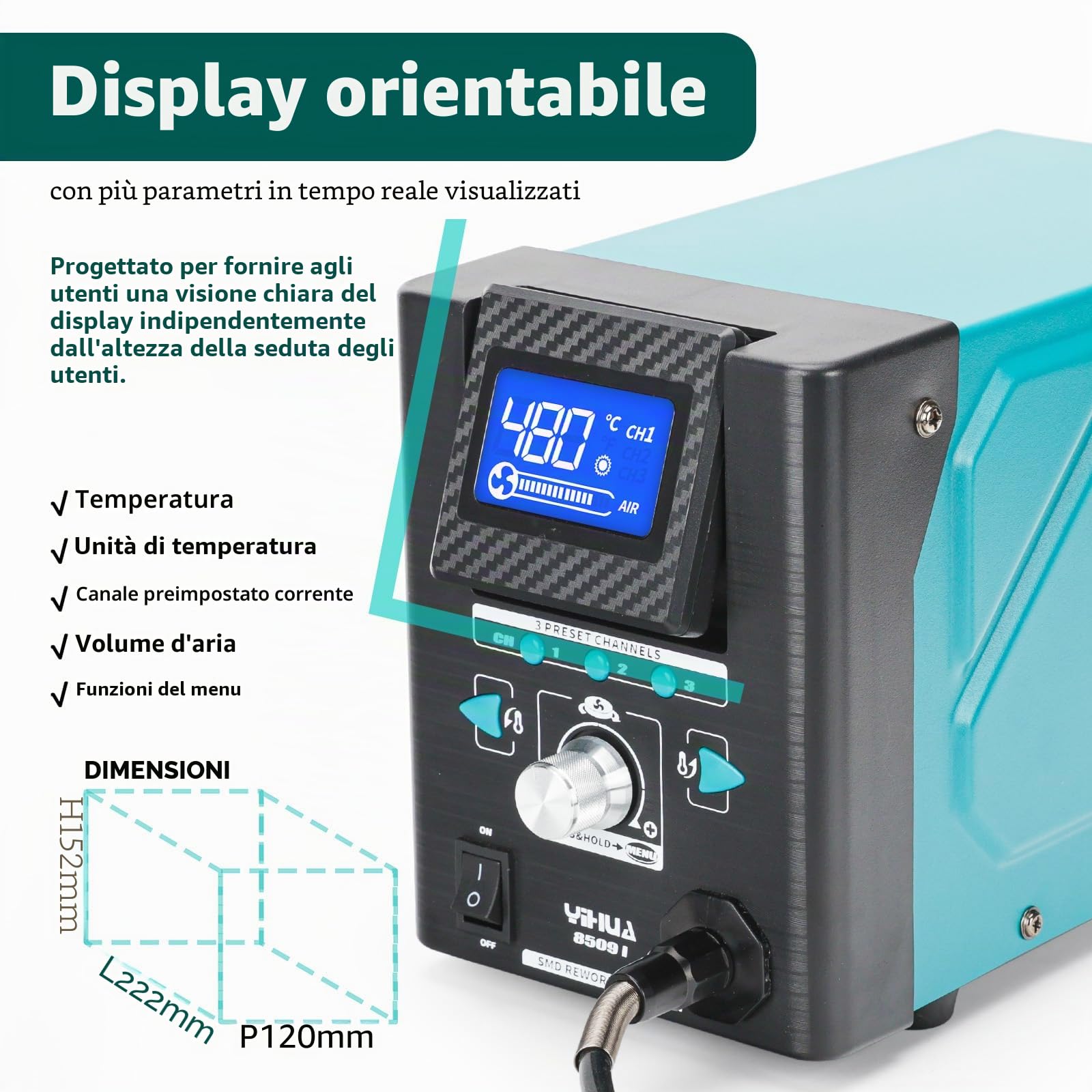 YIHUA 8509-I Saldatore Aria Calda, Stazione Saldante con Riscaldamento Rapido, Display Inclinabile, 3 Canali Preimpostati. 8 Ugelli per Rilavorazione e Riparazione SMD per la microsaldatura