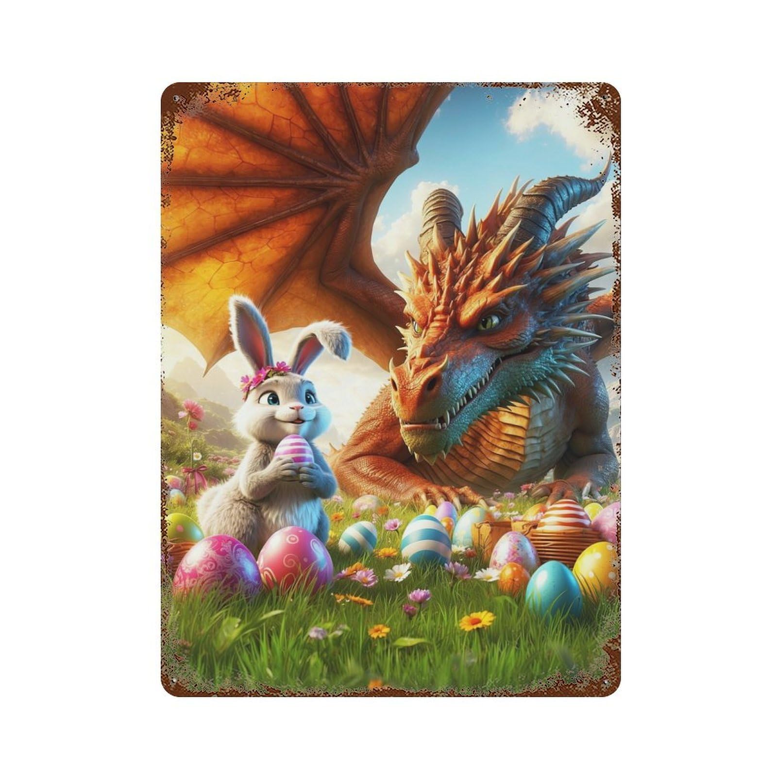 Aged Metal Wall Plaque with Dragons Easter Encounter Design 15.7"x11.8", for Basement, Hobby Room And Garage Decor, Farmhouse Wall Decor
