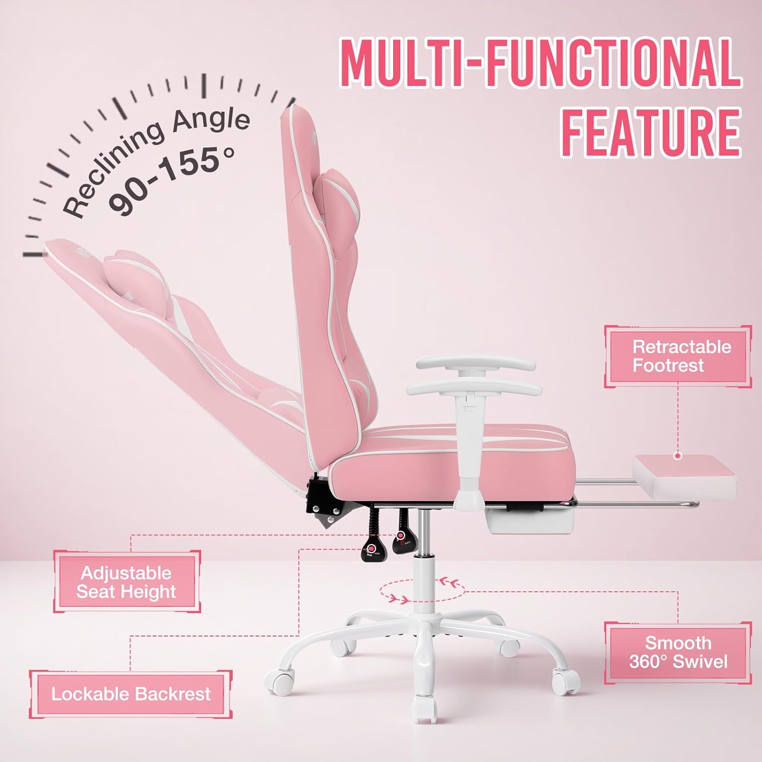 HOFFREE Massage Gaming Chair with Pocket Spring Cushion 155° Reclining Computer Gamer Chair with Footrest and Adjustable Armrests Ergonomic Video Game Chairs Pink and White