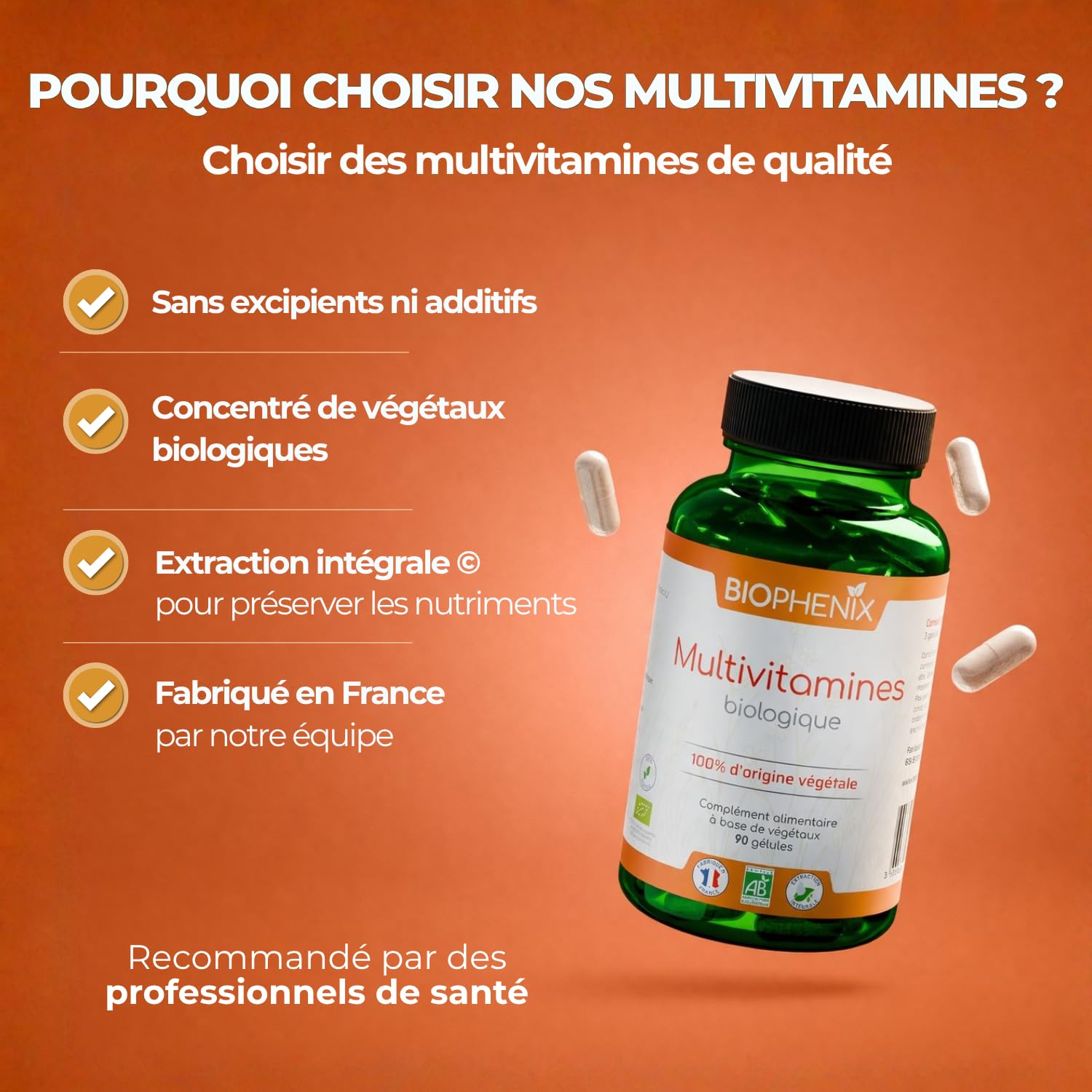 Biophénix - Multivitamines Bio 90 Gélules - Procédé Exclusif Extraction Intégrale® - 0% Excipient • 0% Additif • 0% Produit Chimique - Immunité, Énergie, Antioxydant - Fabriqué en France - Vegan
