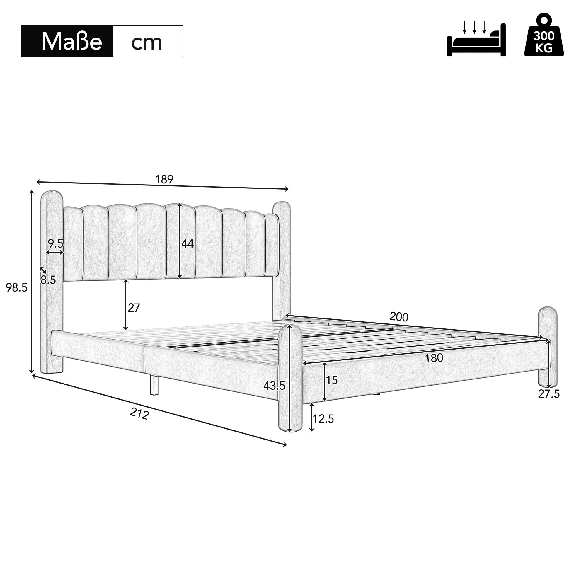 Letto imbottito 180 x 200 cm, con rete a doghe e testiera, elegante testiera a ventaglio, gambe di supporto cilindrice, velluto, beige