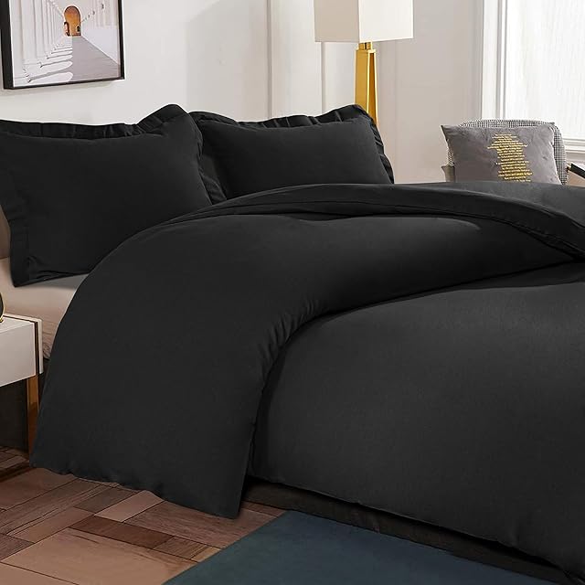 NTBAY 3 Pieces 100% Brushed Microfiber Black Double Duvet Cover Set, Super Soft Black Bedding Set, Solid Color Zippered Comforter Cover with Ties and 2 Oxford Pillowcases (Double, Black)