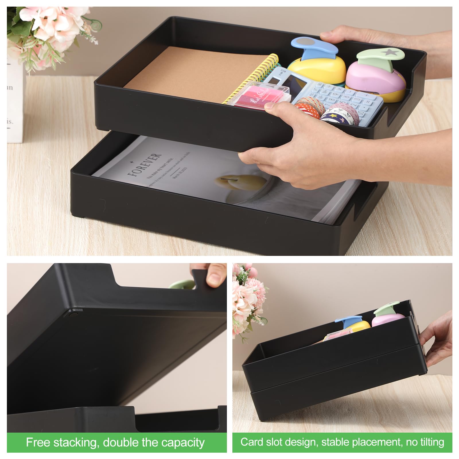 Cinnvoice 2 bandejas apilables para cartas, 12.99 x 9.65 x 2.28 pulgadas, rectangulares de plástico, organizadores de archivos de escritorio para cartas, oficina, escritorio, aula, cajón de