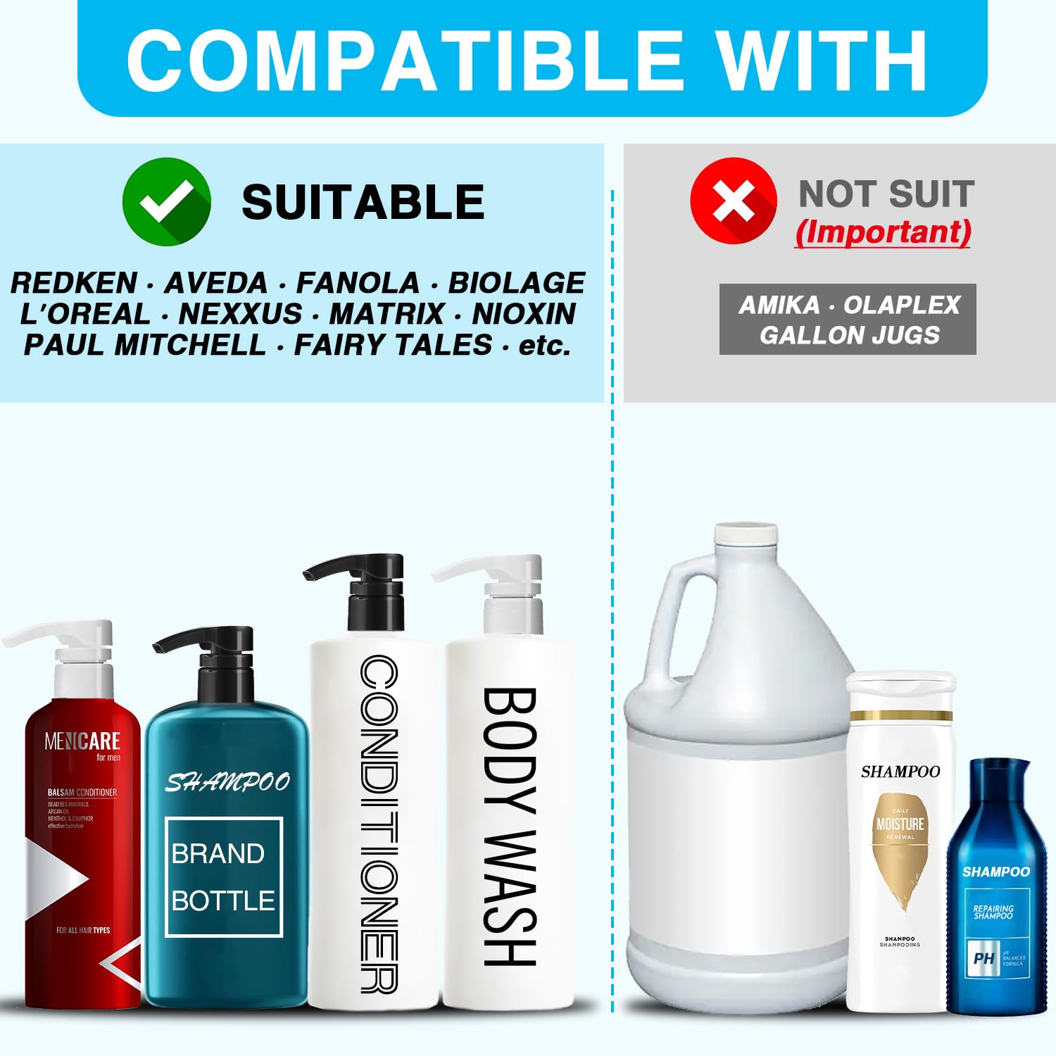 2-Pack Shampoo Pump for Liter 33.8 oz Shampoo and Conditioner, Pump Dispenser Fits Most Salon Bottles with 1-inch Wide Opening, Black & White Replacement Pump for Soft Hair Products, Body Wash, Lotion