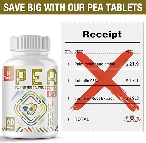 Miniatura 6 de Complejo de palmitoiletanolamida de 2000 mg con luteolina y cúrcuma, alta absorción, suplemento de guisantes para el manejo de molestias, fabricado