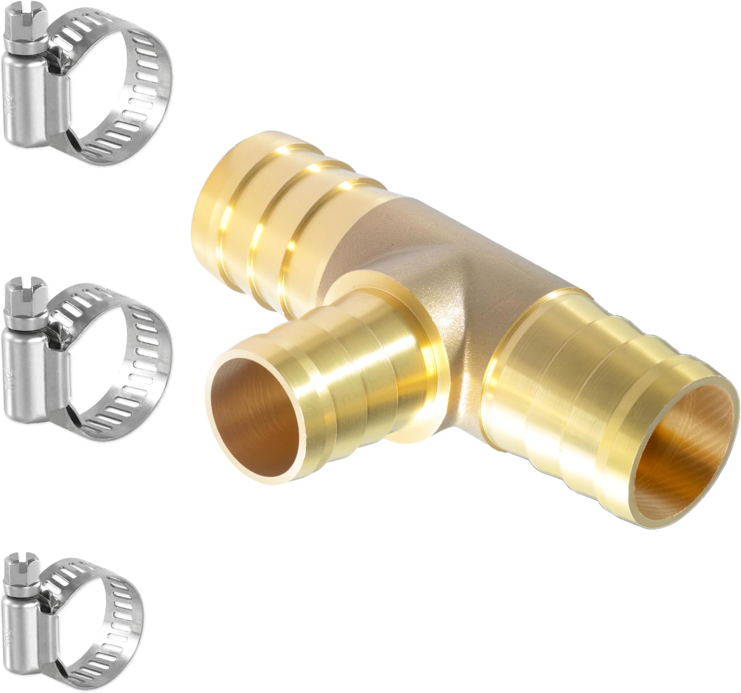 Brass Reducing Tee Hose Barb Fitting 3-Way T Adapter, 3/4 (20mm) to 5/8 (16mm) to 3/4 (20mm) Splicer Mender Reducing with Stainless Steel Clamps air Hose Repair kit for Pipe Line/Fuel/Air