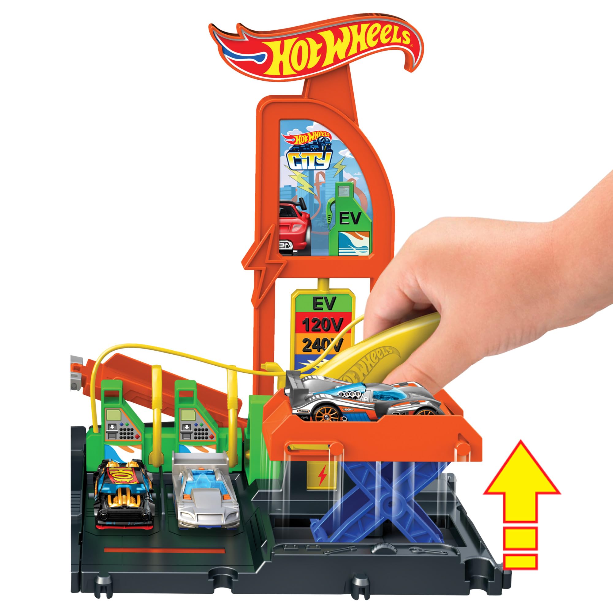 Hot Wheels Let's Race – Na start! - Netflix - Superstacja ładowania Zestaw z zabawkową stacją ładowania pojazdów elektrycznych i samochodzikiem w skali 1:64, HTN79
