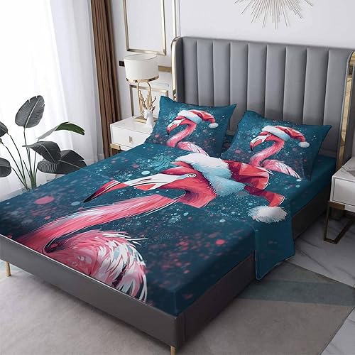 Juego de sábanas de Navidad tamaño King, sábanas de flamenco, sábanas y fundas de almohada estampadas de 4 piezas, sábana bajera ajustable de