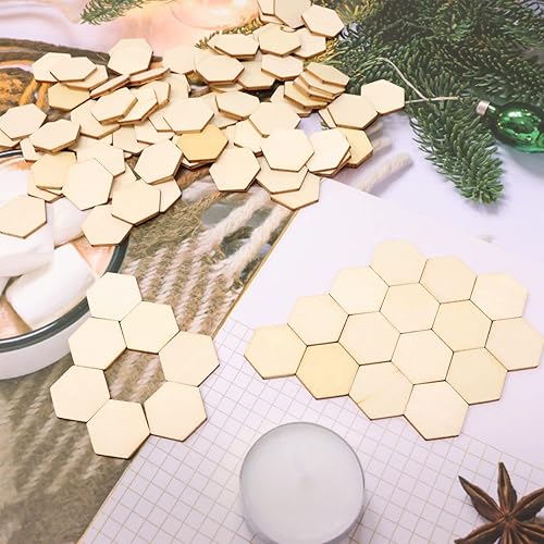 Miniatura 7 de Honbay 200 piezas hexagonales de madera en blanco sin terminar de 0.787 in0.79 pulgadas, rebanadas de madera, adornos para manualidades, decoración