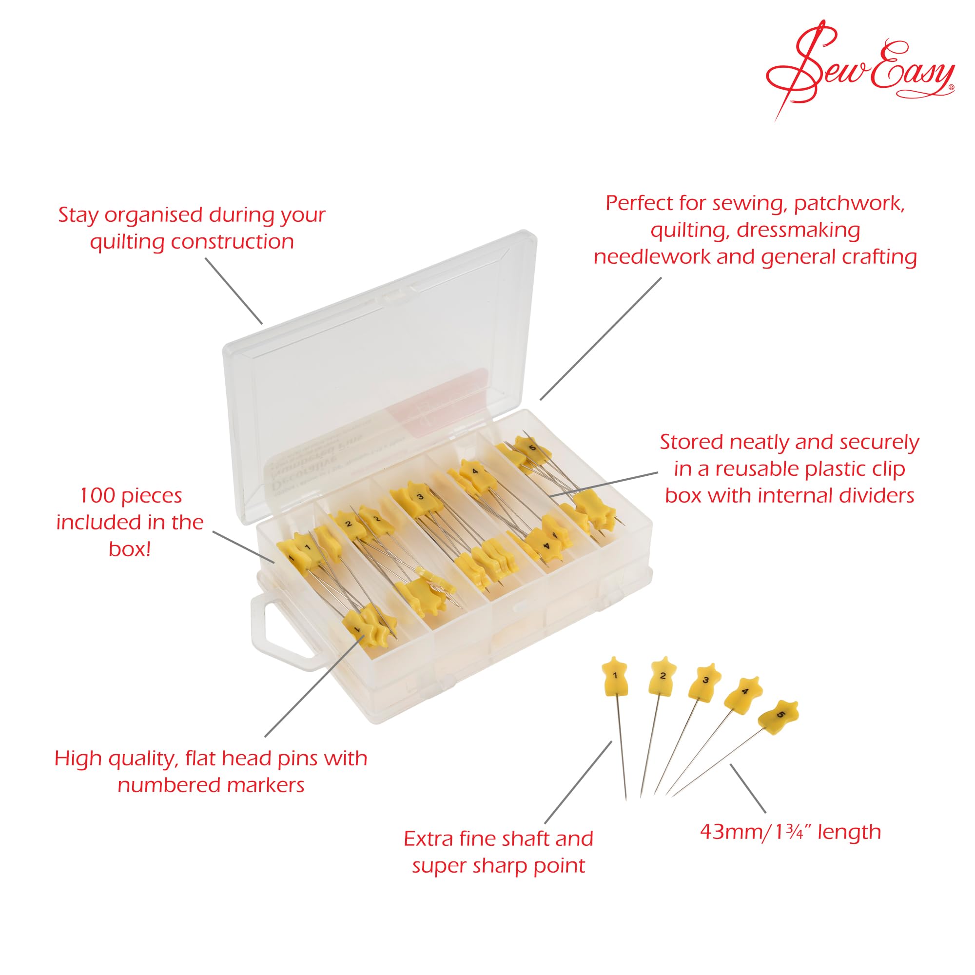 Sew Easy Nummerierte Stecknadeln – 100 Stück 43 mm, nummeriert 1–10, 10 von jeder Zahl, Verschlüsse zum Quilten, Nähen, Basteln, Schneidern – Gelb